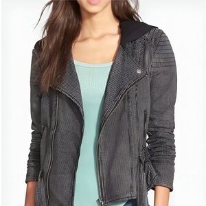 Free People Pinstripe Hooded Knit Moto Jacket in Charcoal Stripes Size Small
